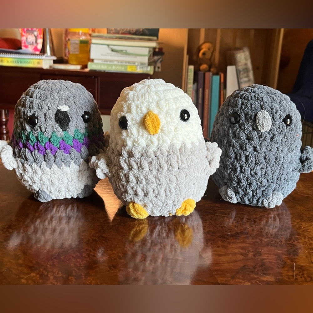 Set of 3 handmade crochet birds - 1 pigeon, 1 raven, and one seagull ages 3+